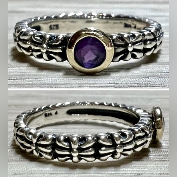 Vintage Designer Signed P Sterling Silver & 14K Gold Amethyst Ring, Size 7 - Picture 1 of 11